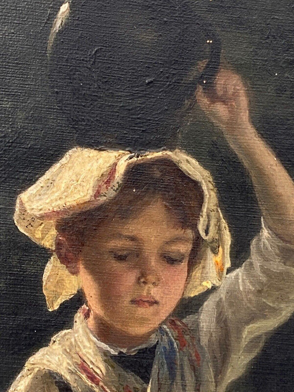 Olio su tavola giovane ragazza con brocca fine XIX secolo Barbizon sottobosco