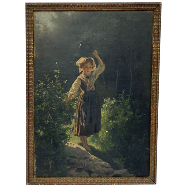 Olio su tavola giovane ragazza con brocca fine XIX secolo Barbizon sottobosco
