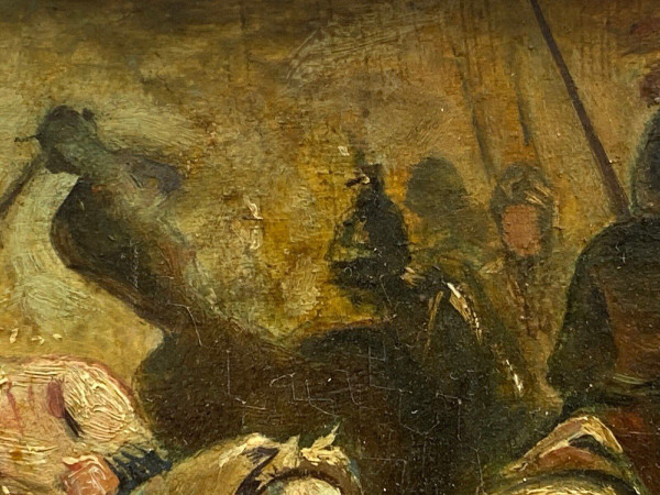 Öl auf Tafel rote Initialen WP Schlachtszene