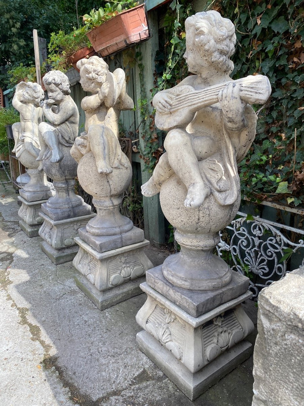4 Statues De Jardin / Anges Musiciens En Pierre Reconstituée