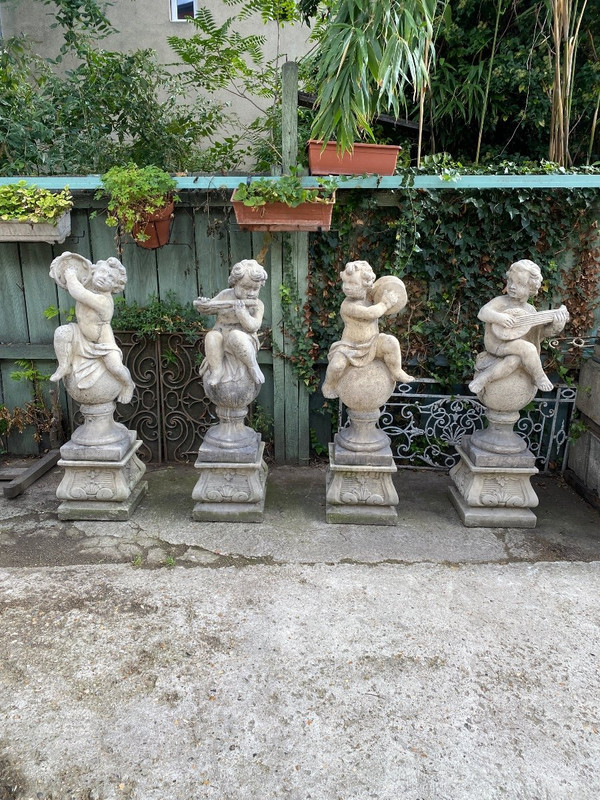 4 Statues De Jardin / Anges Musiciens En Pierre Reconstituée