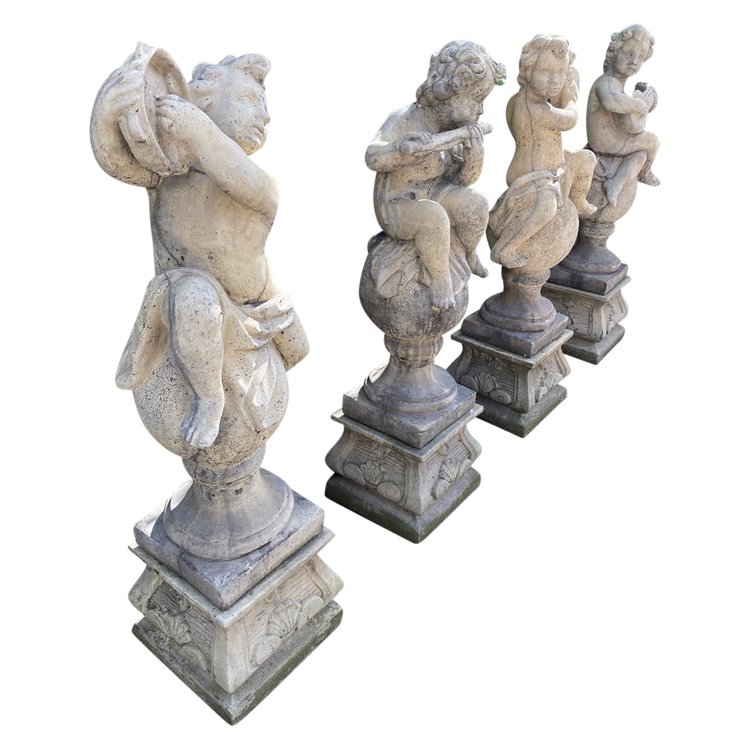 4 Statues De Jardin / Anges Musiciens En Pierre Reconstituée