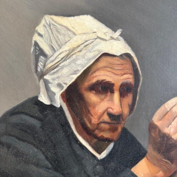 Öl auf Leinwand von M. Dorion 1893 Porträt einer Bretonin bei der Arbeit