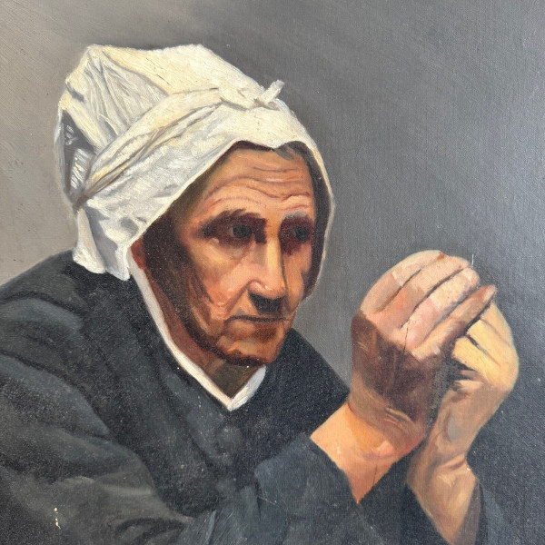 Öl auf Leinwand von M. Dorion 1893 Porträt einer Bretonin bei der Arbeit
