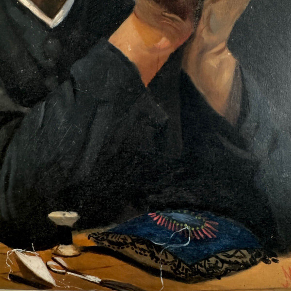 Öl auf Leinwand von M. Dorion 1893 Porträt einer Bretonin bei der Arbeit