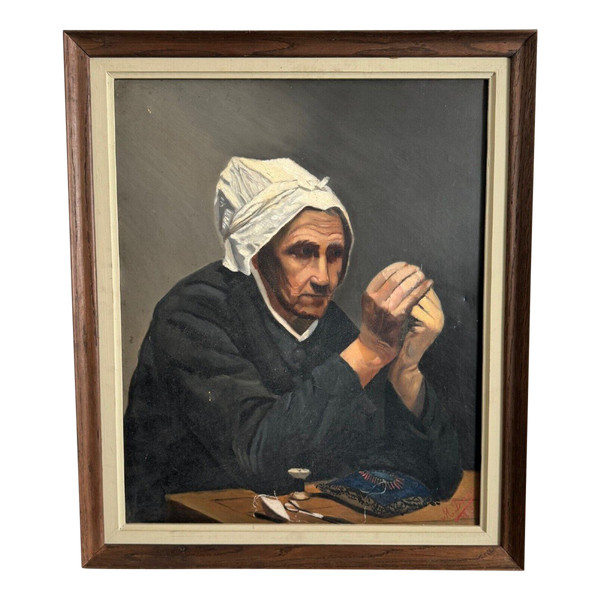 Öl auf Leinwand von M. Dorion 1893 Porträt einer Bretonin bei der Arbeit