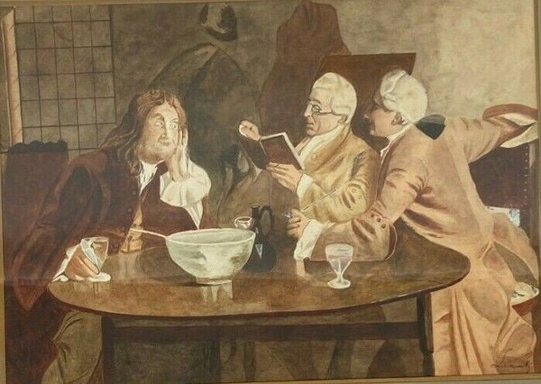 Aquarell von Leray oder Lerat Innenansicht einer Taverne Männer des 18.