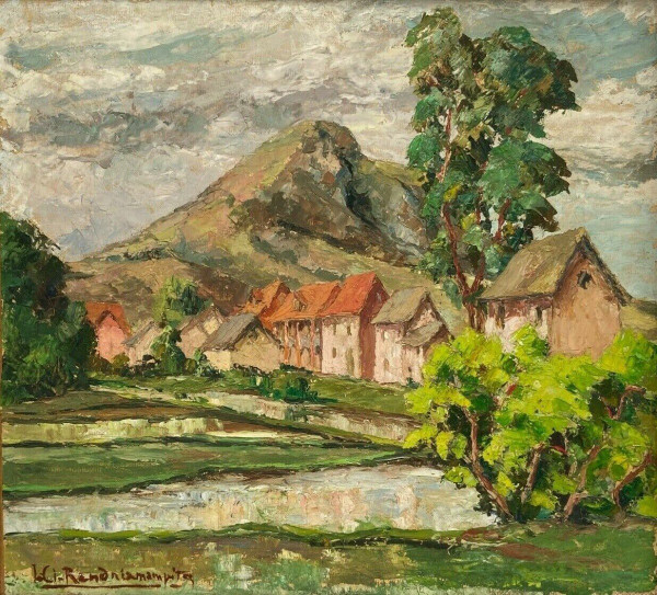 Olio su cartoncino di Jules-Claude Randriamampita (1913-1968) montagne