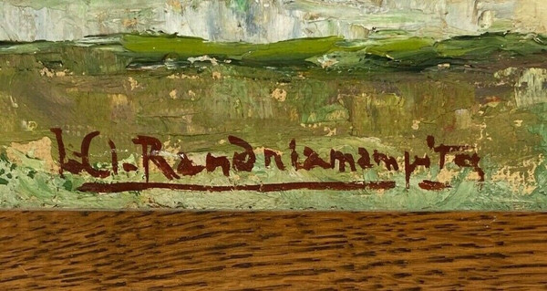 Olio su cartoncino di Jules-Claude Randriamampita (1913-1968) montagne