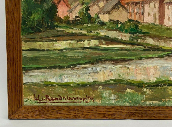 Olio su cartoncino di Jules-Claude Randriamampita (1913-1968) montagne
