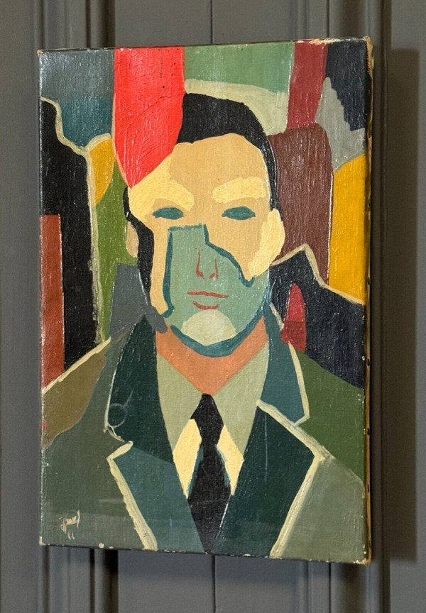 Olio su tela di Jower 1966 composizione moderna uomo con cravatta