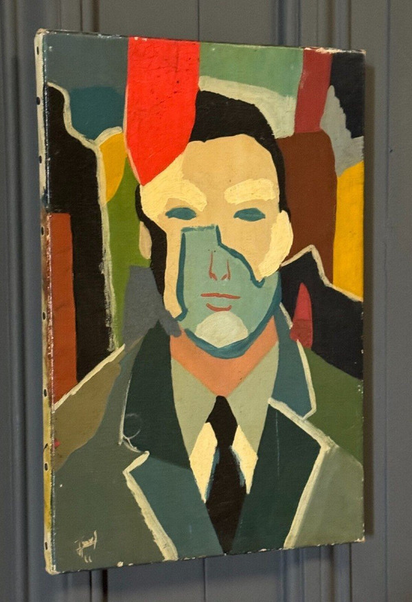 Olio su tela di Jower 1966 composizione moderna uomo con cravatta