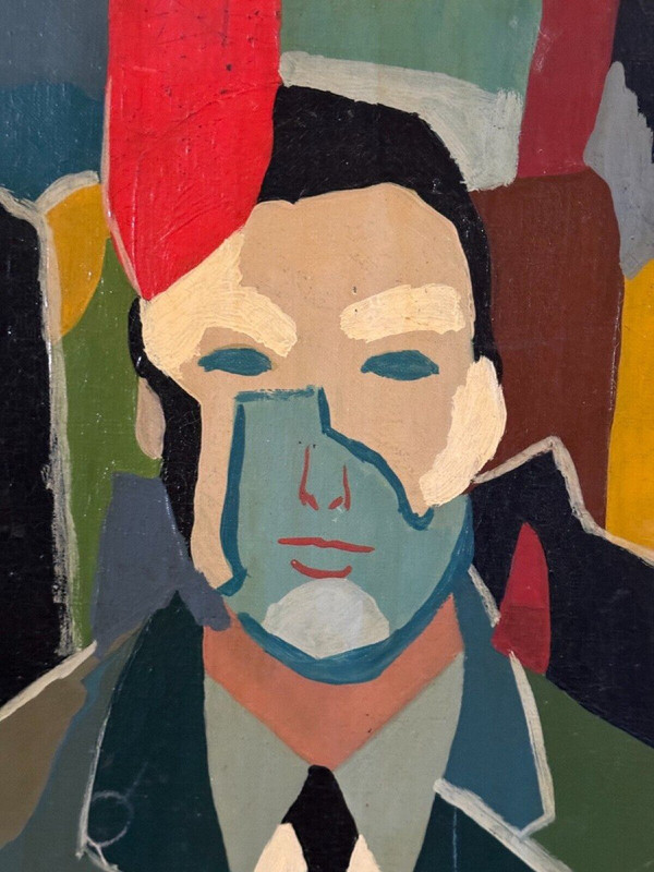 Olio su tela di Jower 1966 composizione moderna uomo con cravatta