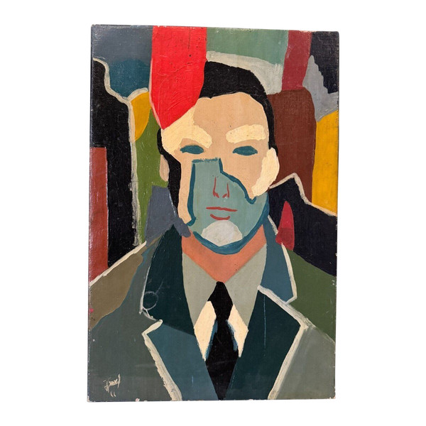 Olio su tela di Jower 1966 composizione moderna uomo con cravatta