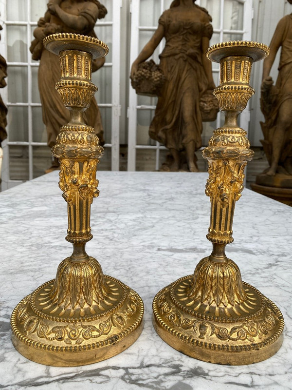 Pair Of Louis XVI Style Candlesticks / Flambeaux In Gilt Bronze, 19th Century