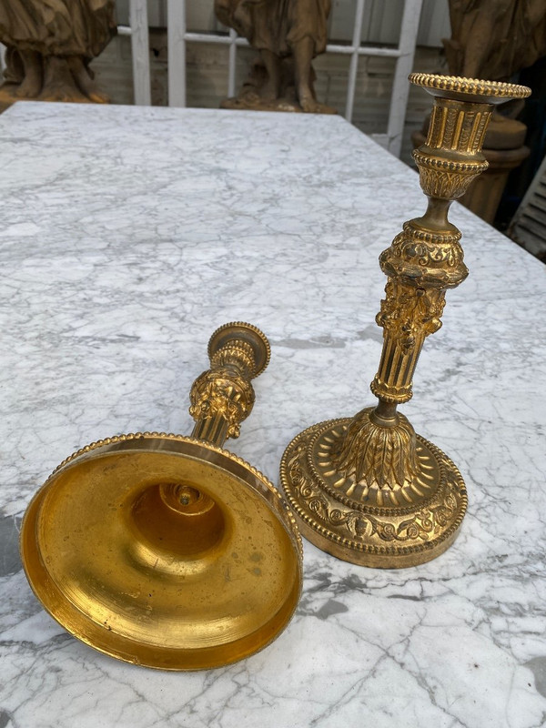 Pair Of Louis XVI Style Candlesticks / Flambeaux In Gilt Bronze, 19th Century