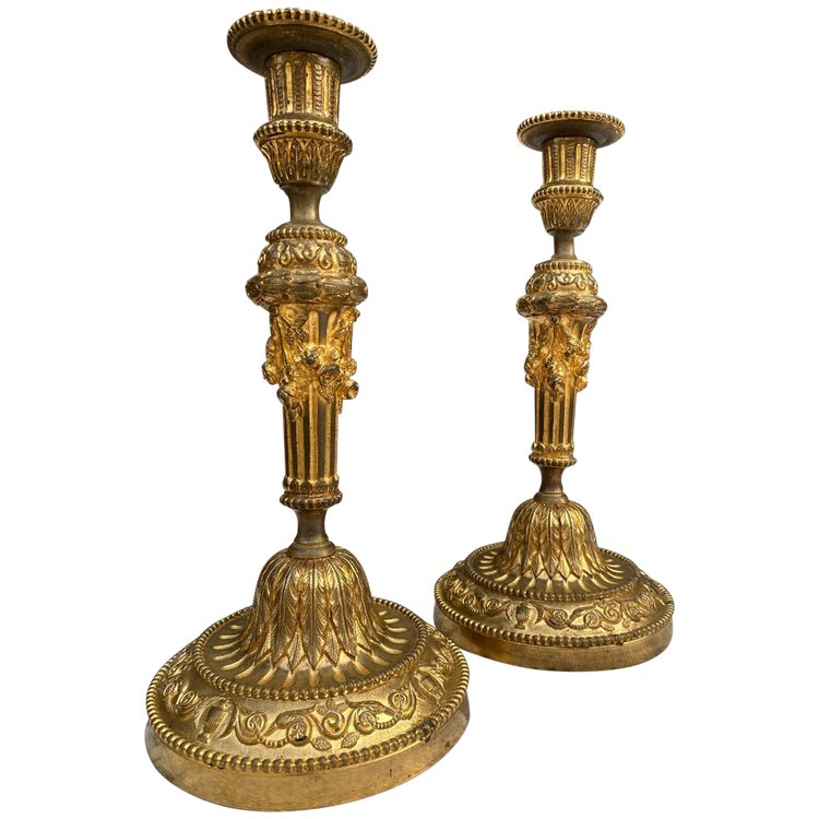 Pair Of Louis XVI Style Candlesticks / Flambeaux In Gilt Bronze, 19th Century