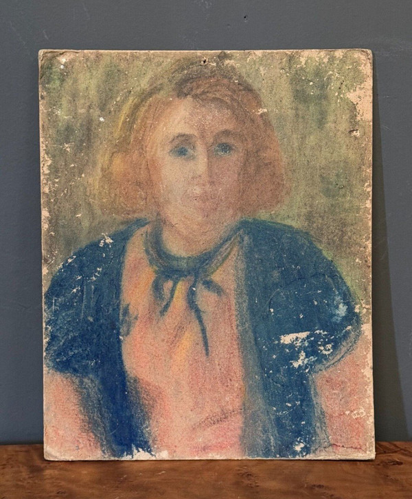 Oil on panel young girl with pink apron 1940 Guillot de Raffaillac