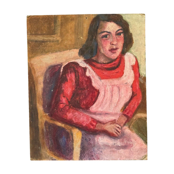 Oil on panel young girl with pink apron 1940 Guillot de Raffaillac