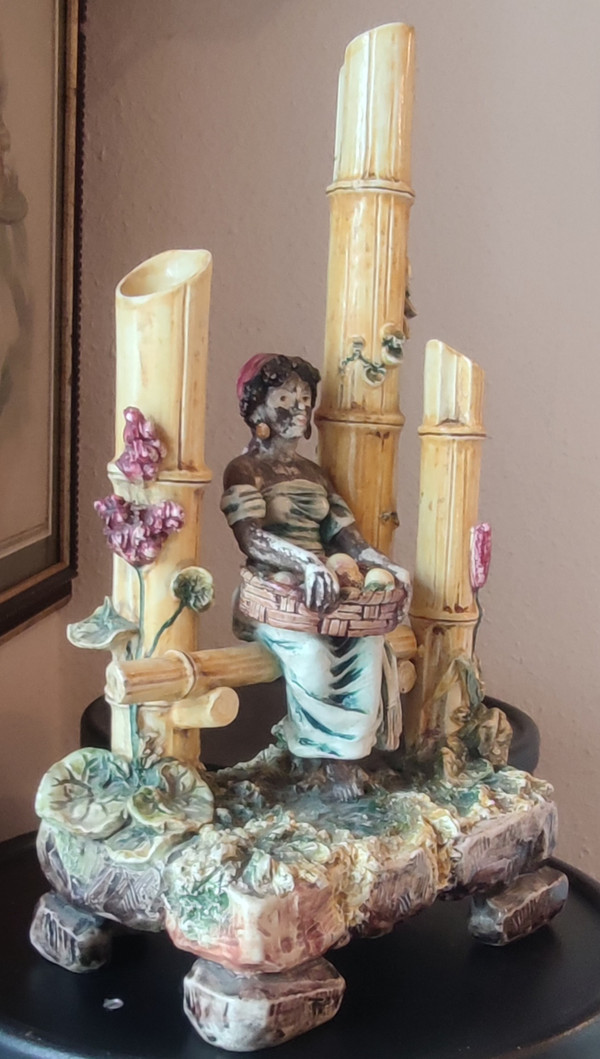 Old Ceramic Barbotine Soliflores Nubian Woman Statue Polychrome Decor