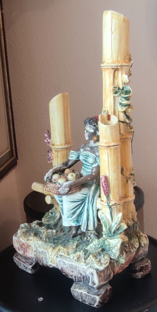 Old Ceramic Barbotine Soliflores Nubian Woman Statue Polychrome Decor