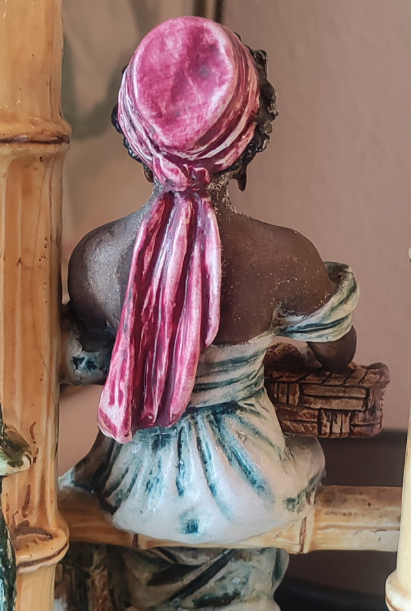 Old Ceramic Barbotine Soliflores Nubian Woman Statue Polychrome Decor