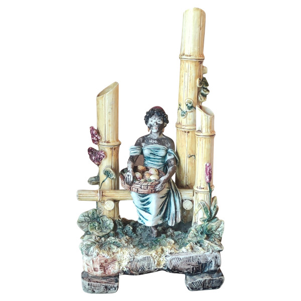 Old Ceramic Barbotine Soliflores Nubian Woman Statue Polychrome Decor