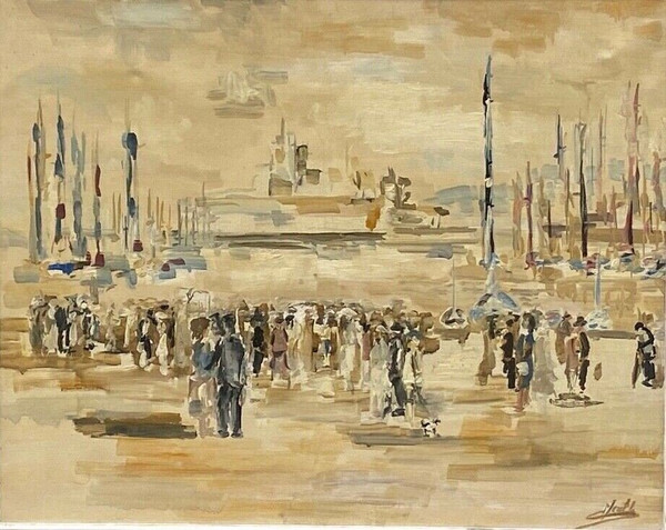 Oil on canvas by Meutt 1940 harbor scene characters patinated frame