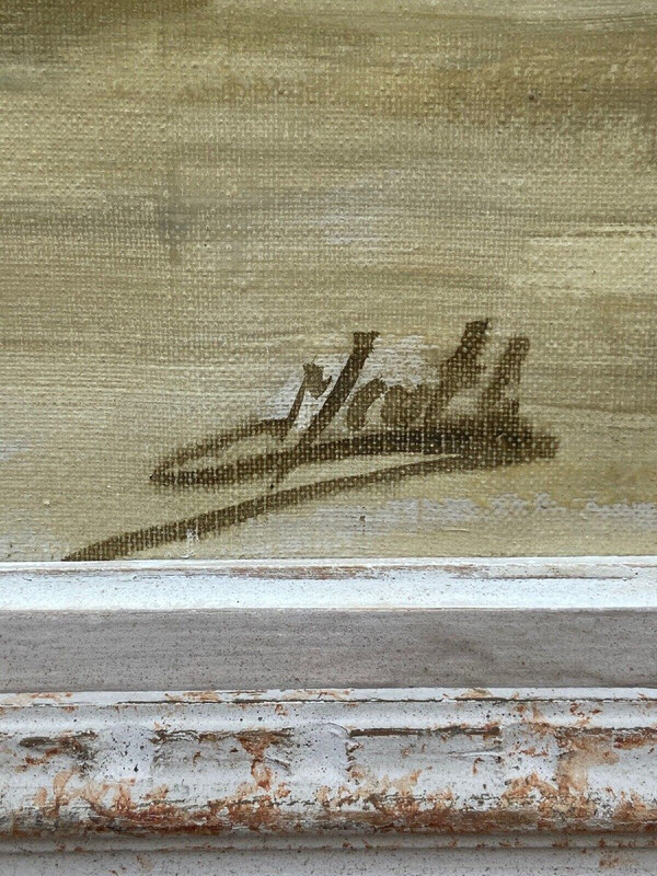 Oil on canvas by Meutt 1940 harbor scene characters patinated frame