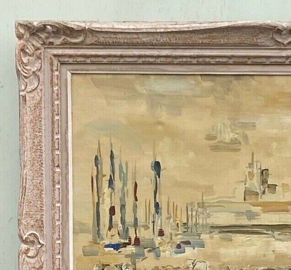 Oil on canvas by Meutt 1940 harbor scene characters patinated frame