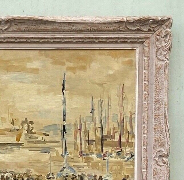 Oil on canvas by Meutt 1940 harbor scene characters patinated frame