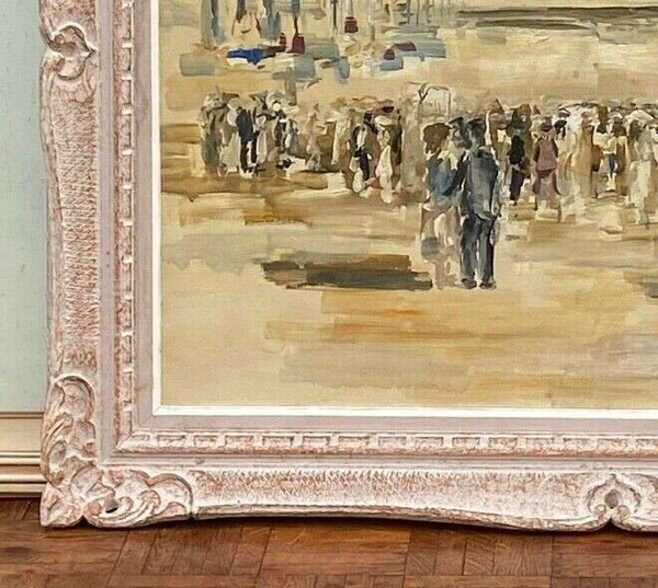 Oil on canvas by Meutt 1940 harbor scene characters patinated frame