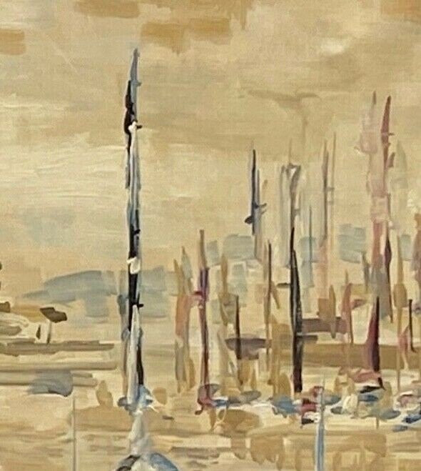 Oil on canvas by Meutt 1940 harbor scene characters patinated frame