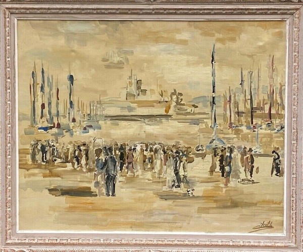 Oil on canvas by Meutt 1940 harbor scene characters patinated frame