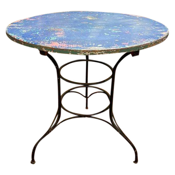 Wrought iron garden table with wooden top
