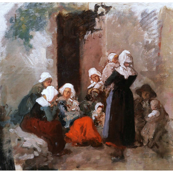 Scuola FRANCESE del XIX secolo, donne bretoni in copricapo e i loro figli