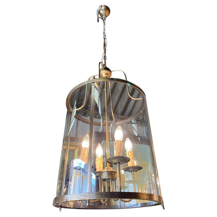 Large Hall Lantern, Cylindrical in Brass, Louis XVI Style
