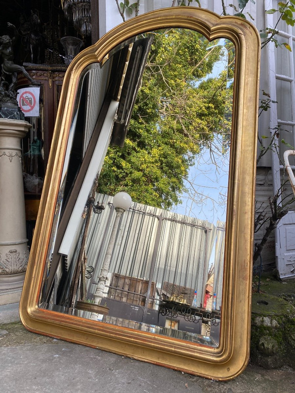 Miroir De Cheminée Doré XIXème , glace biseautée, chapeau de gendarme…