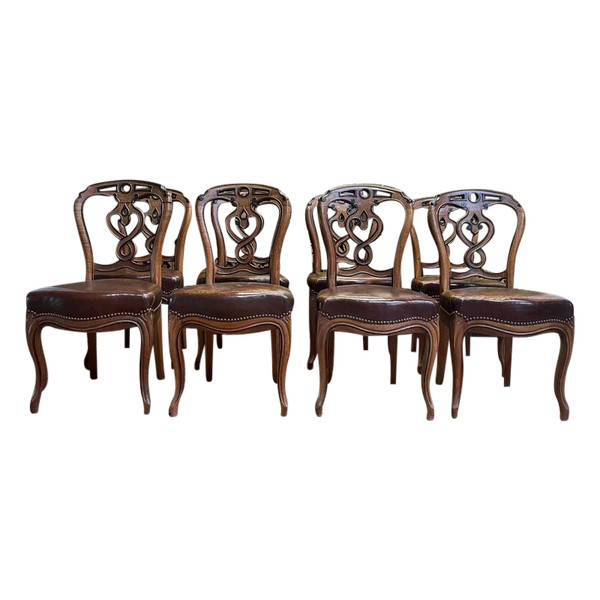 Set of 8 Italian Louis Philippe chairs from the Napoleon III period in leather