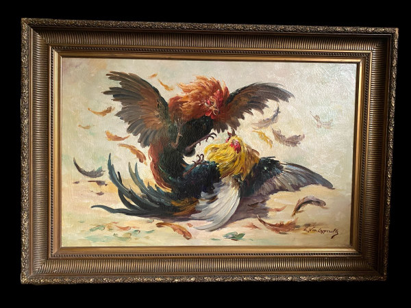 Großes Gemälde Ende des 19. Jahrhunderts , Hahnenkampf Signiert Edmond Van Coppenolle (1843/46 - 1915) ,Hauts de France
