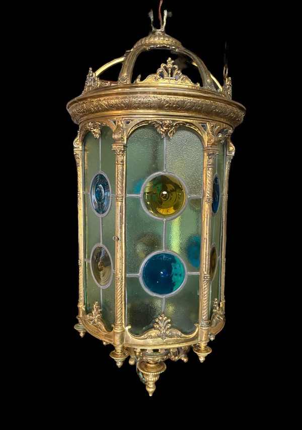 Large Bronze and Stained Glass Lantern, Louis XVI Style, Napoleon III Period