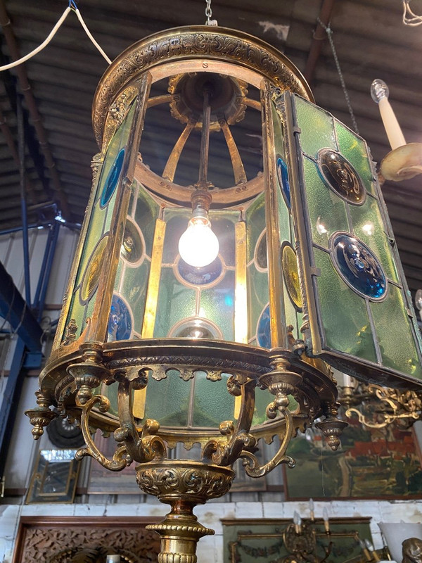 Large Bronze and Stained Glass Lantern, Louis XVI Style, Napoleon III Period