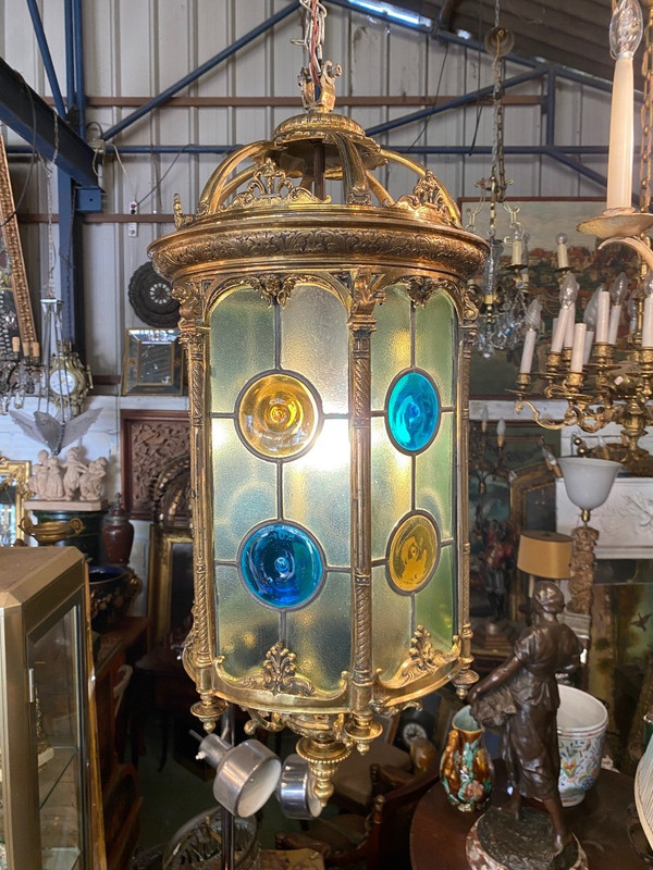 Large Bronze and Stained Glass Lantern, Louis XVI Style, Napoleon III Period