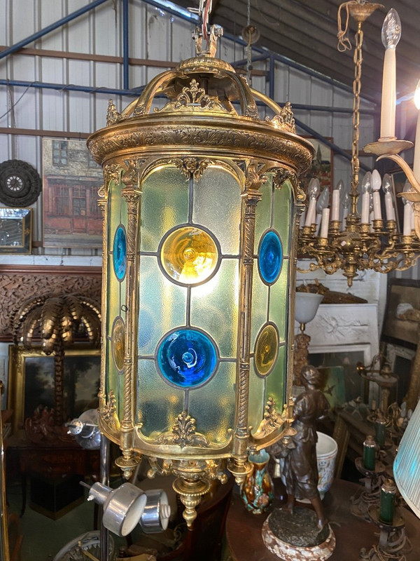 Large Bronze and Stained Glass Lantern, Louis XVI Style, Napoleon III Period