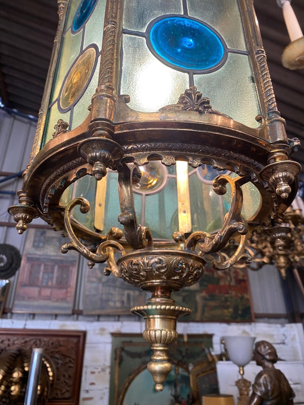Large Bronze and Stained Glass Lantern, Louis XVI Style, Napoleon III Period