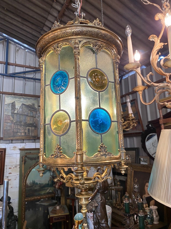 Large Bronze and Stained Glass Lantern, Louis XVI Style, Napoleon III Period