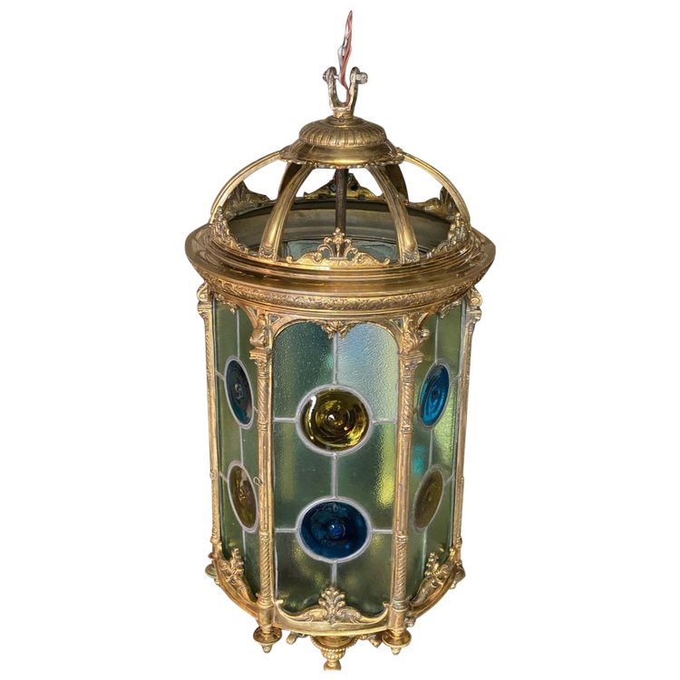 Large Bronze and Stained Glass Lantern, Louis XVI Style, Napoleon III Period