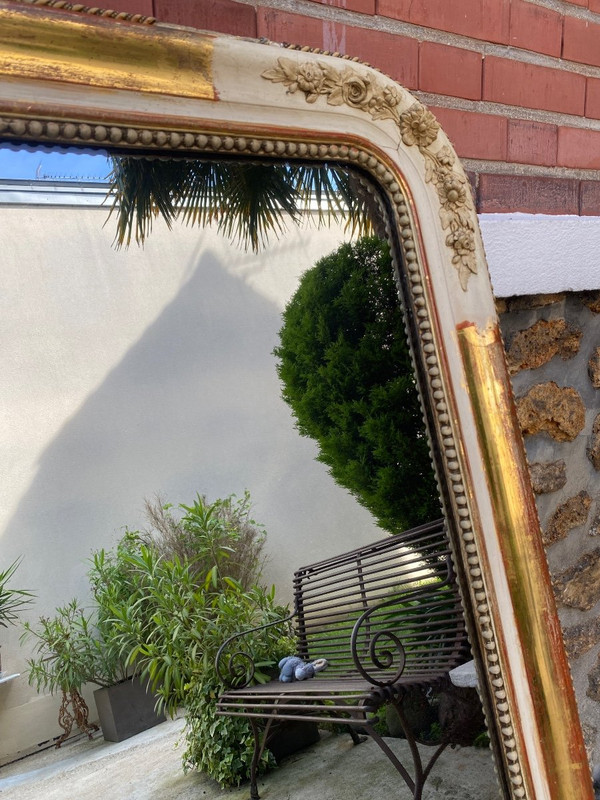 Miroir De Cheminée XIXème Doré Et Patiné , Glace Au Mercure