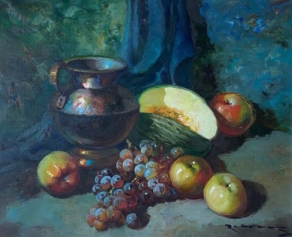 Huile sur toile nature morte aux fruits 1950