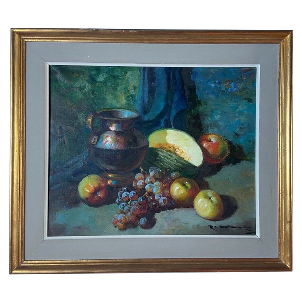 Huile sur toile nature morte aux fruits 1950